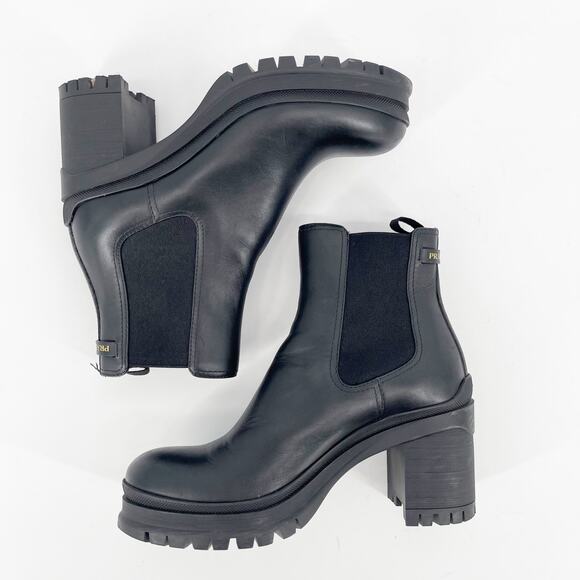 Prada Black Leather Double Gore Lug Sole Block Heel Chelsea Ankle Boot IT 37 - Picture 5 of 16